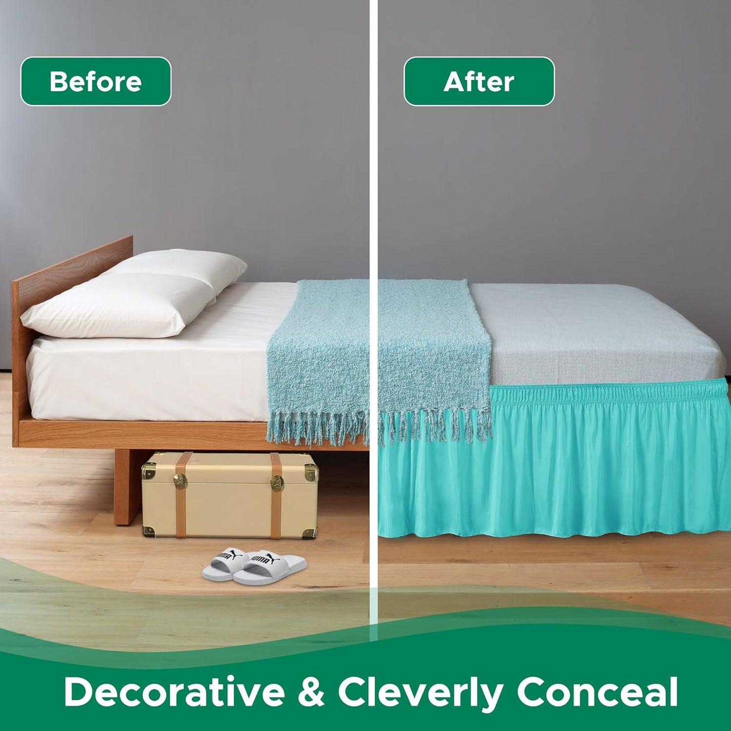 Wrap Around Bed Skirts  15" Drop, Aqua Adjustable Elastic Dust Ruffles Easy Fit Wrinkle & Fade Resistant  Machine Washable ,Aqua