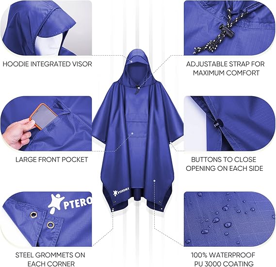 Hooded Rain Poncho for Adult with Pocket, Waterproof Lightweight Unisex Raincoat for Hiking Camping Emergency ,Blue
