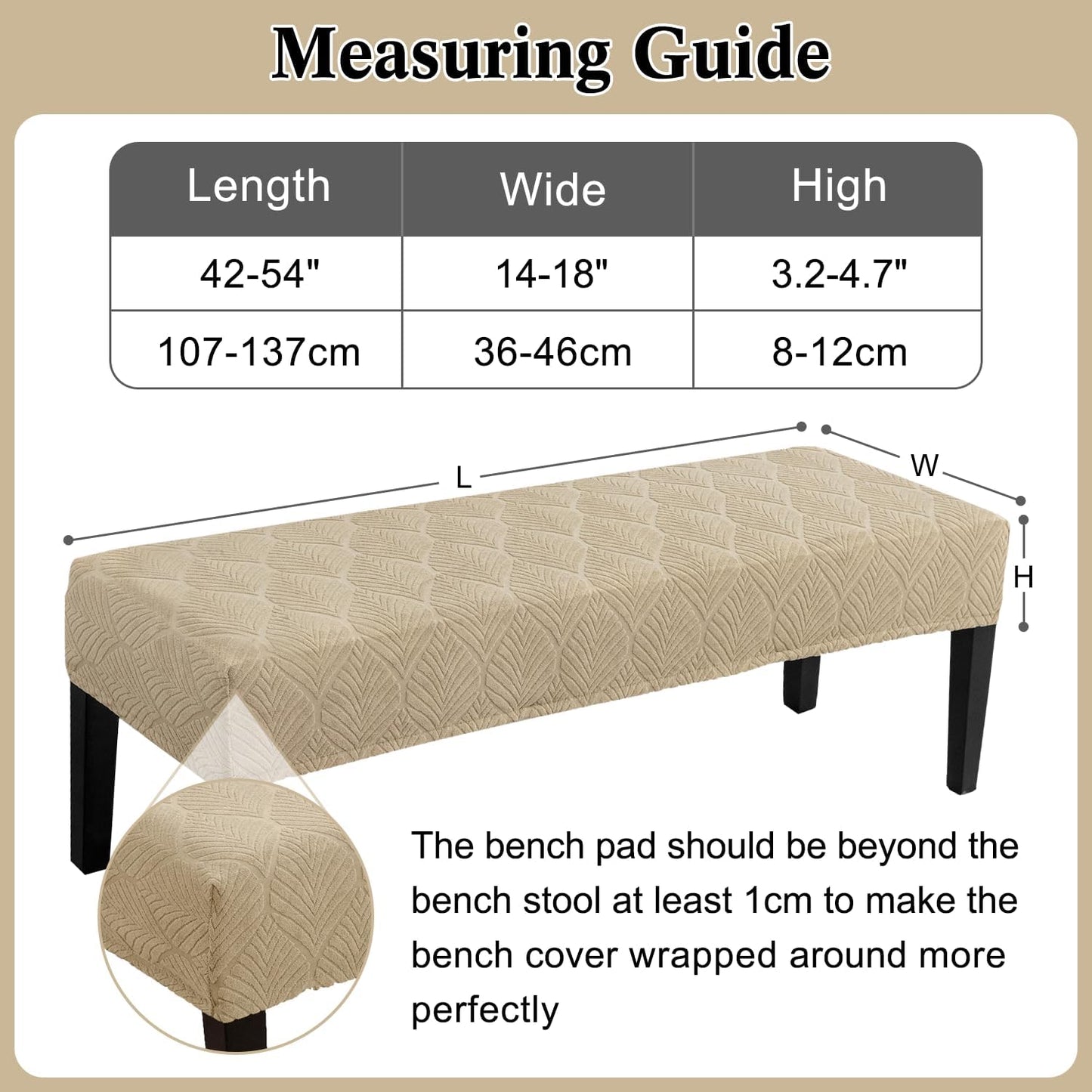 Dining Bench Cover Waterproof, Washable Long Bench Covers Slipcover, Stretch Rectangle Bench Seat Covers for Living Rooms, Bedroom, Kitchen, Piano Bench Cover, Khaki