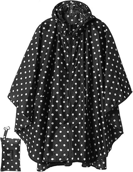Unisex Rain Poncho Raincoat Hooded with Pockets&ZIpper ,Fashion,Beautiful, Durable, Lightweight,(Black Dot)