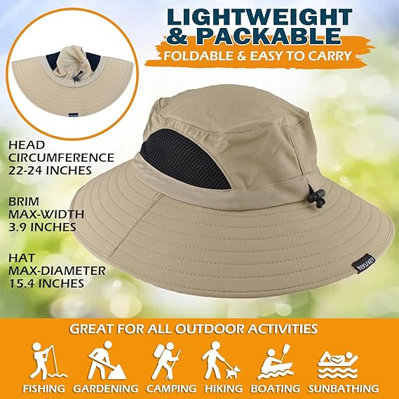 Unisex Sun Hat, Waterproof Wide Brim Bucket Hat Packable Boonie Hat for Fishing Hiking Gardening Safari Beach,Khaki