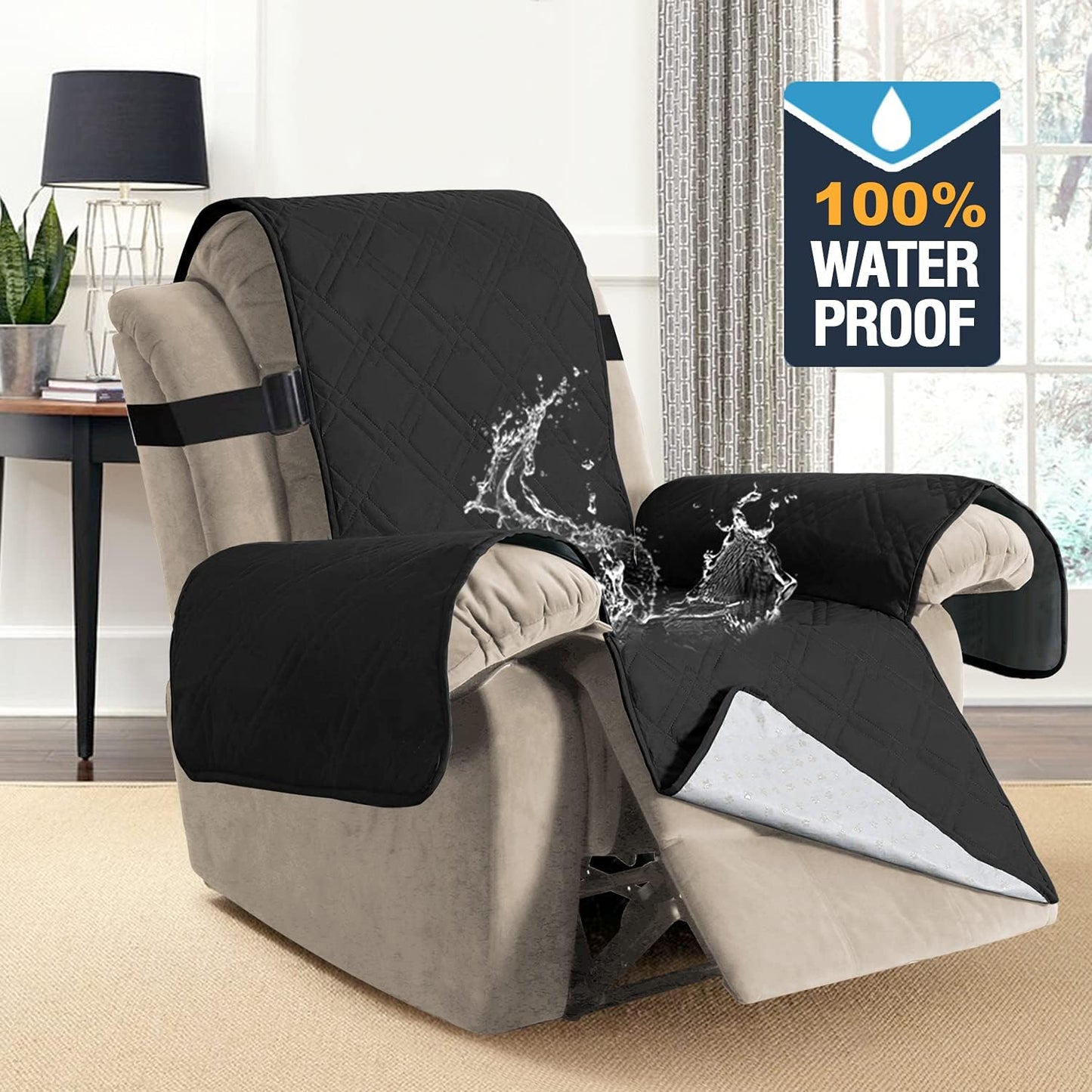 100% Waterproof ,Non-Slip Reclining Cover for Recliner Chair Washable Chair Cover Furniture Protector with Elastic Straps for pet ,kid ,Black