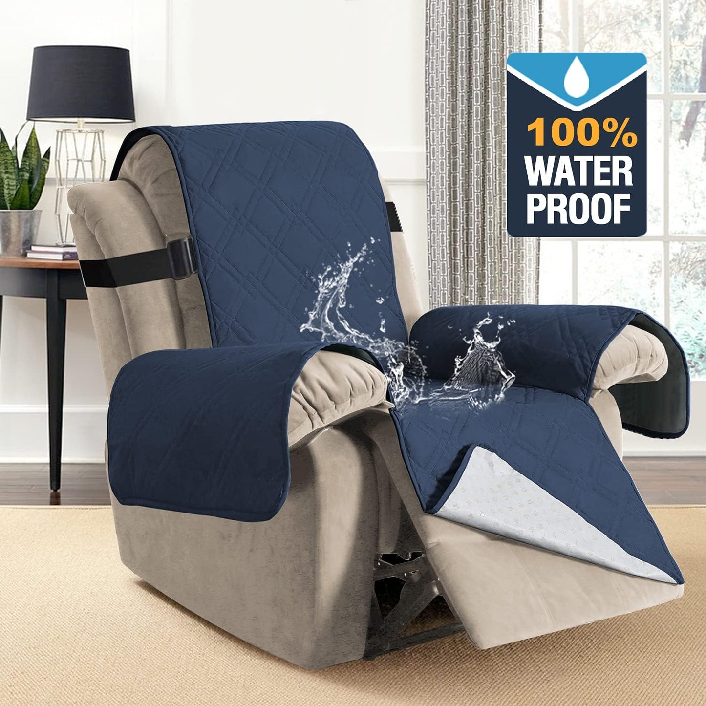 100% Waterproof ,Non-Slip Reclining Cover for Recliner Chair Washable Chair Cover Furniture Protector with Elastic Straps for pet ,kid ,Navy