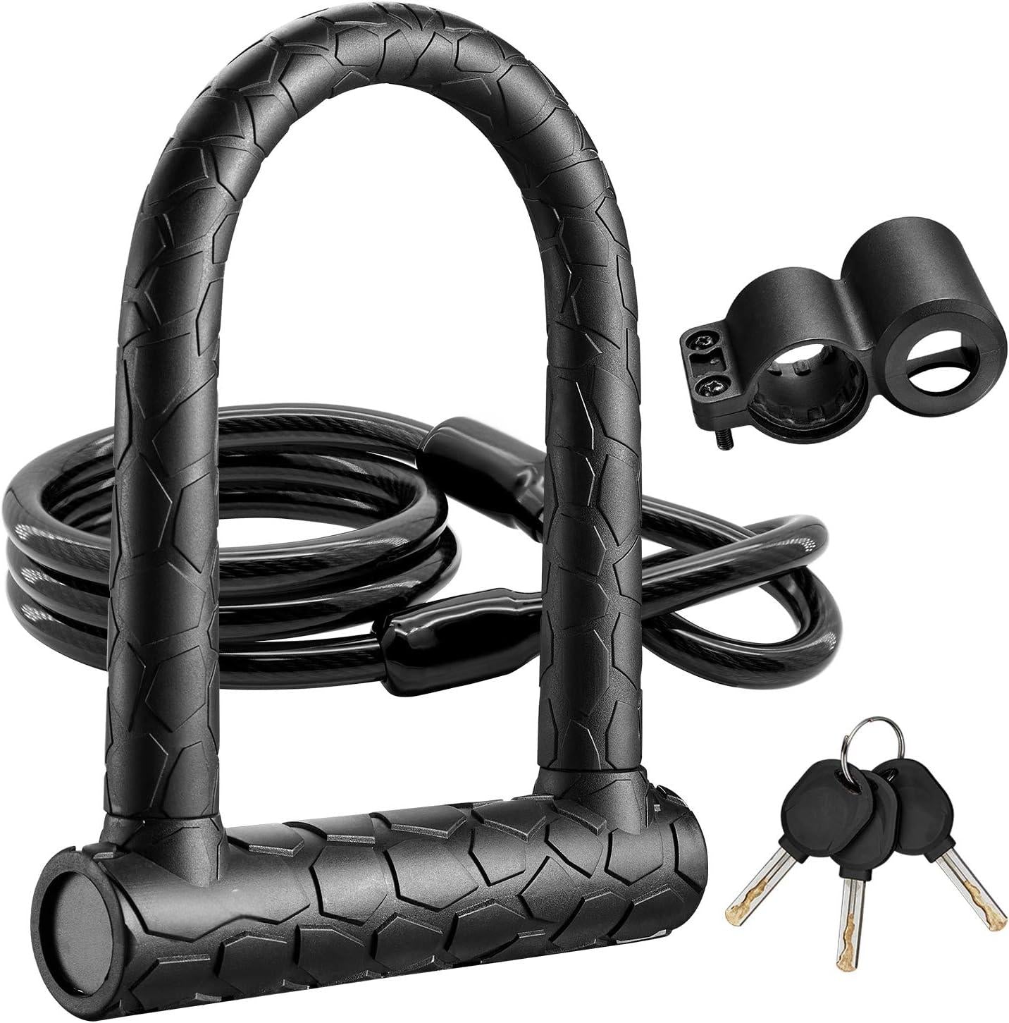 Bike Lock: Heavy Duty Anti Theft Bike U Lock with Security Steel Cable, Keys & Sturdy Mounting Bracket for Road, Mountain, Electric & Folding Bike,Large