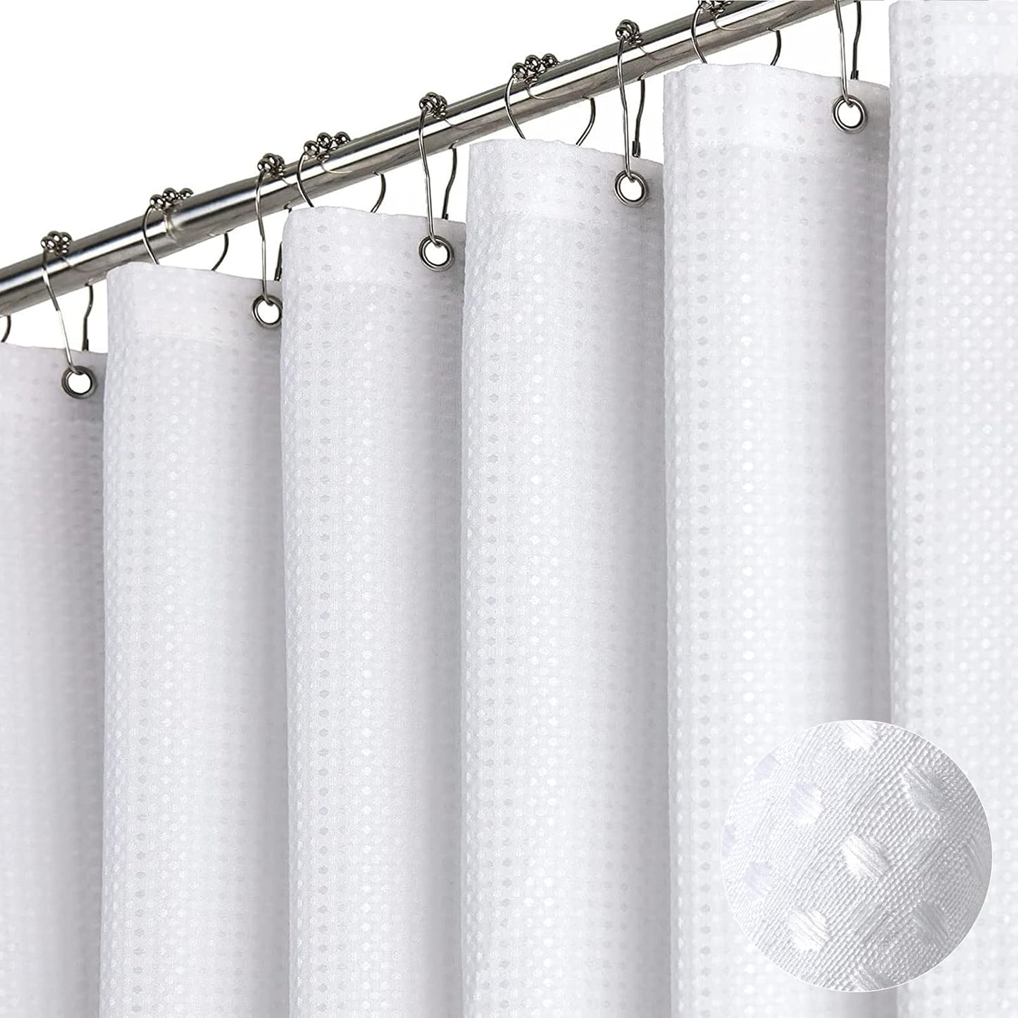 Fabric Shower Curtain - Waffle Weave Weighted Thick Cloth Shower Curtains for Bathroom, Hotel Spa Luxury Bath Curtain Set with 10 Hooks,White