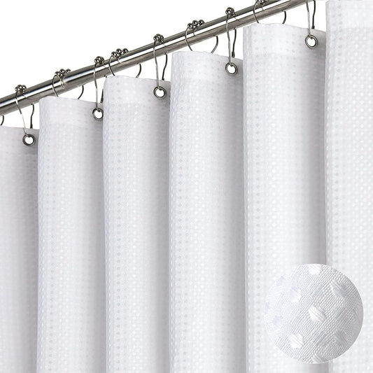 Fabric Shower Curtain - Waffle Weave Weighted Thick Cloth Shower Curtains for Bathroom, Hotel Spa Luxury Bath Curtain Set with 10 Hooks,White