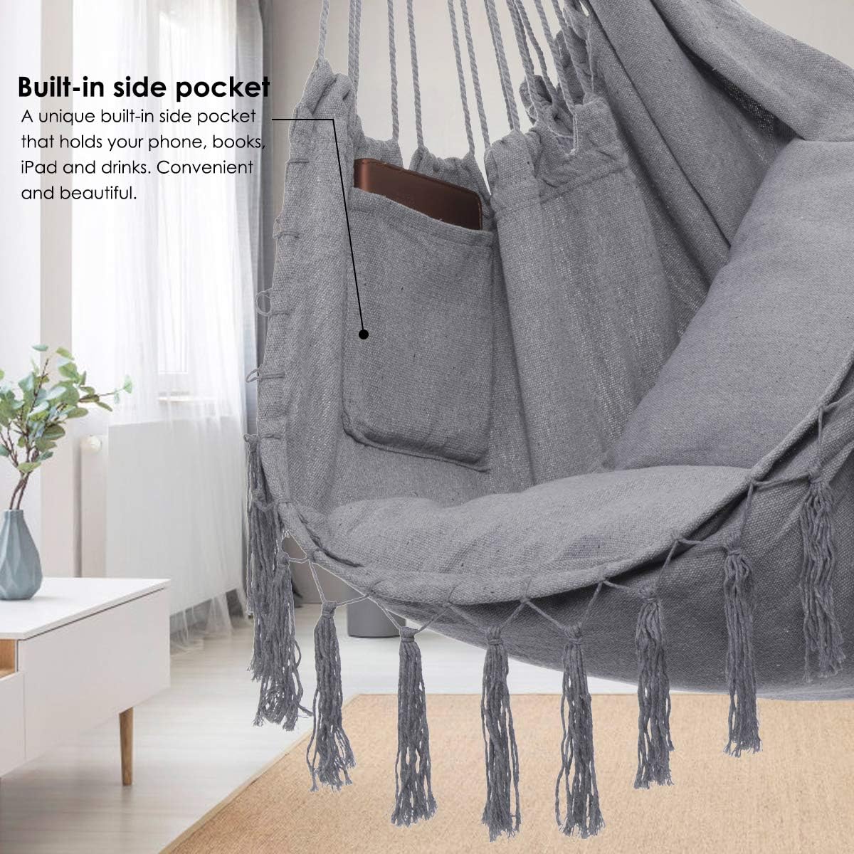 Hammock Chair Hanging Rope Swing, Large Hanging Chair with Pocket and tassels,Cushions for Superior Comfort, with Hardware Kit (Grey)