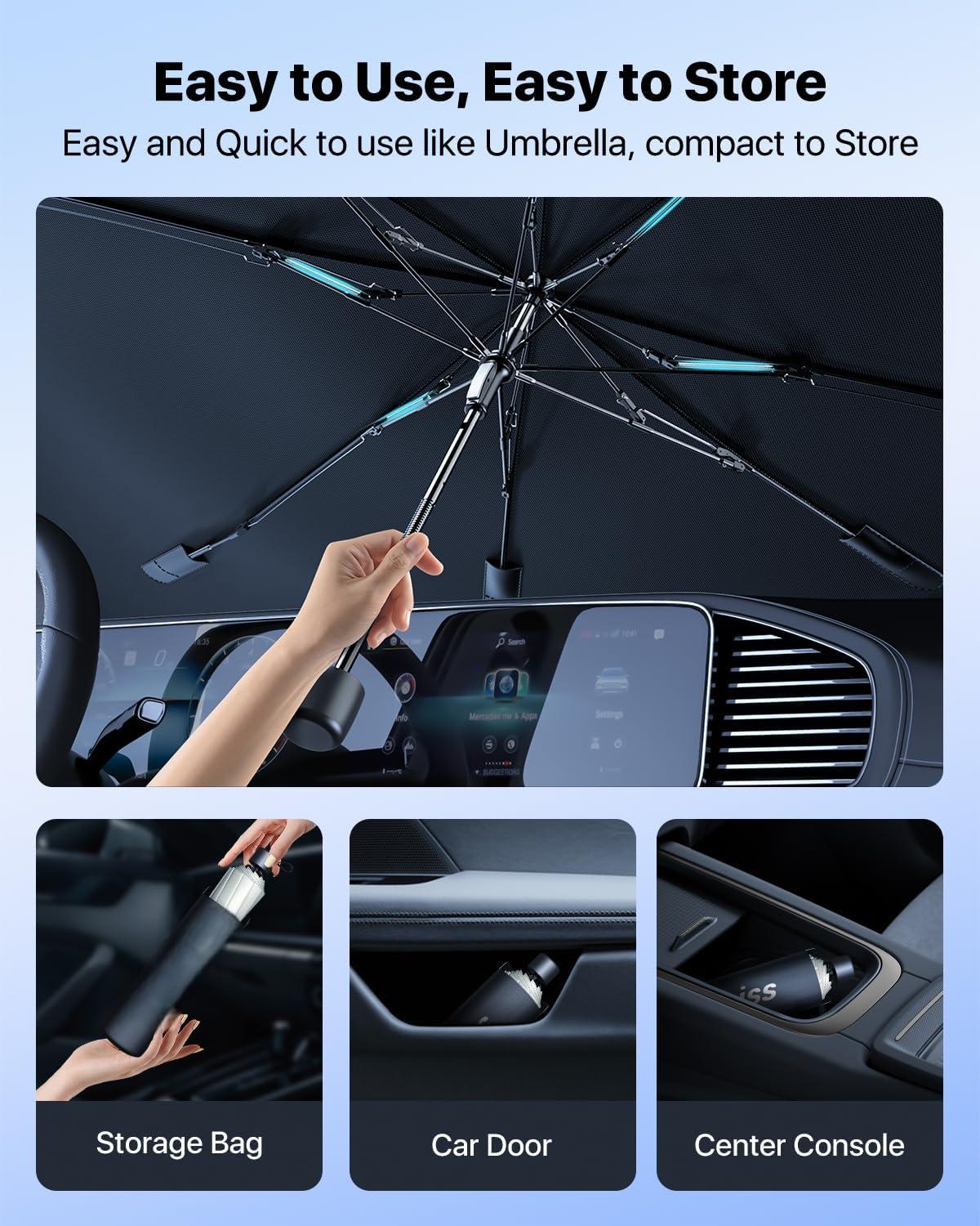 Windshield Sun Shade Umbrella - Protect Car from Sun Rays & Heat Damage Keep Cool and Protect Interior, Spring Structure,Umbrella handle bent,Top opening,Silvery