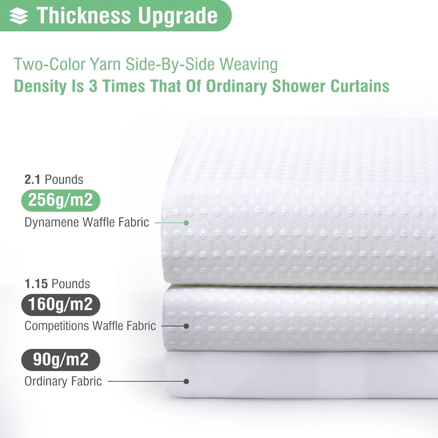 Fabric Shower Curtain - Waffle Weave Weighted Thick Cloth Shower Curtains for Bathroom, Hotel Spa Luxury Bath Curtain Set with 10 Hooks,White