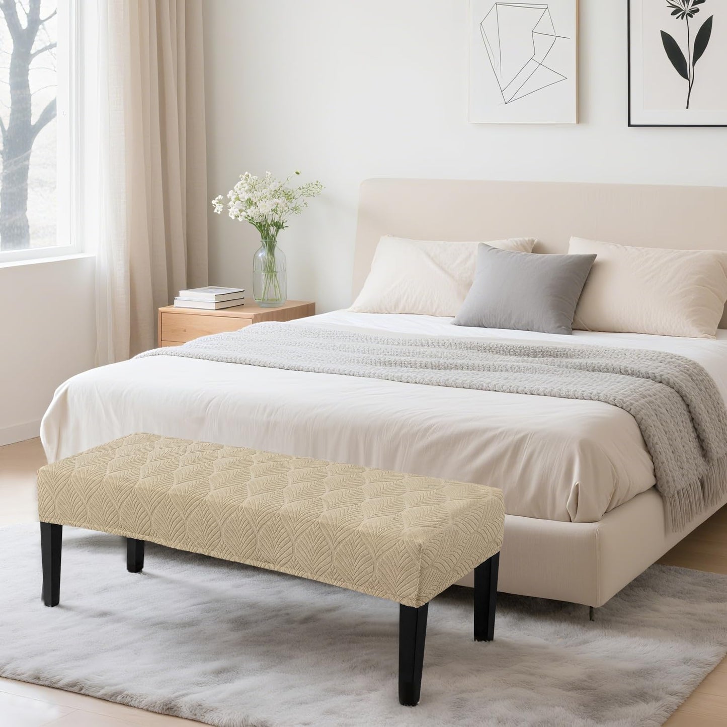 Dining Bench Cover Waterproof, Washable Long Bench Covers Slipcover, Stretch Rectangle Bench Seat Covers for Living Rooms, Bedroom, Kitchen, Piano Bench Cover, Khaki