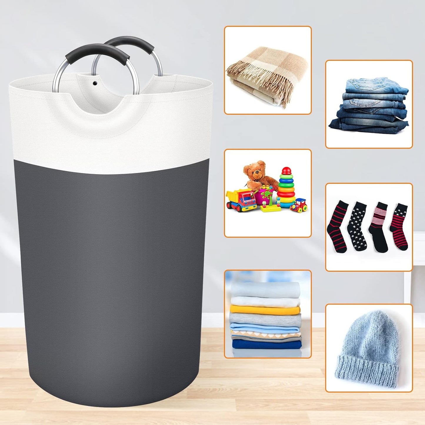 Large Laundry Basket Collapsible Tall With Handles Waterproof Travel Bathroom Essentials Storage For Dorm, Family (Grey),90L