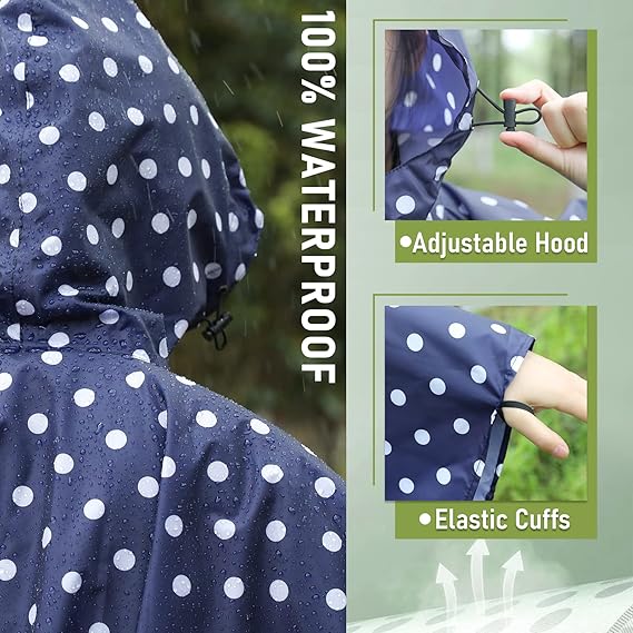 Unisex Rain Poncho Raincoat Hooded with Pockets&ZIpper ,Fashion,Beautiful, Durable, Lightweight,(Blue Dot)