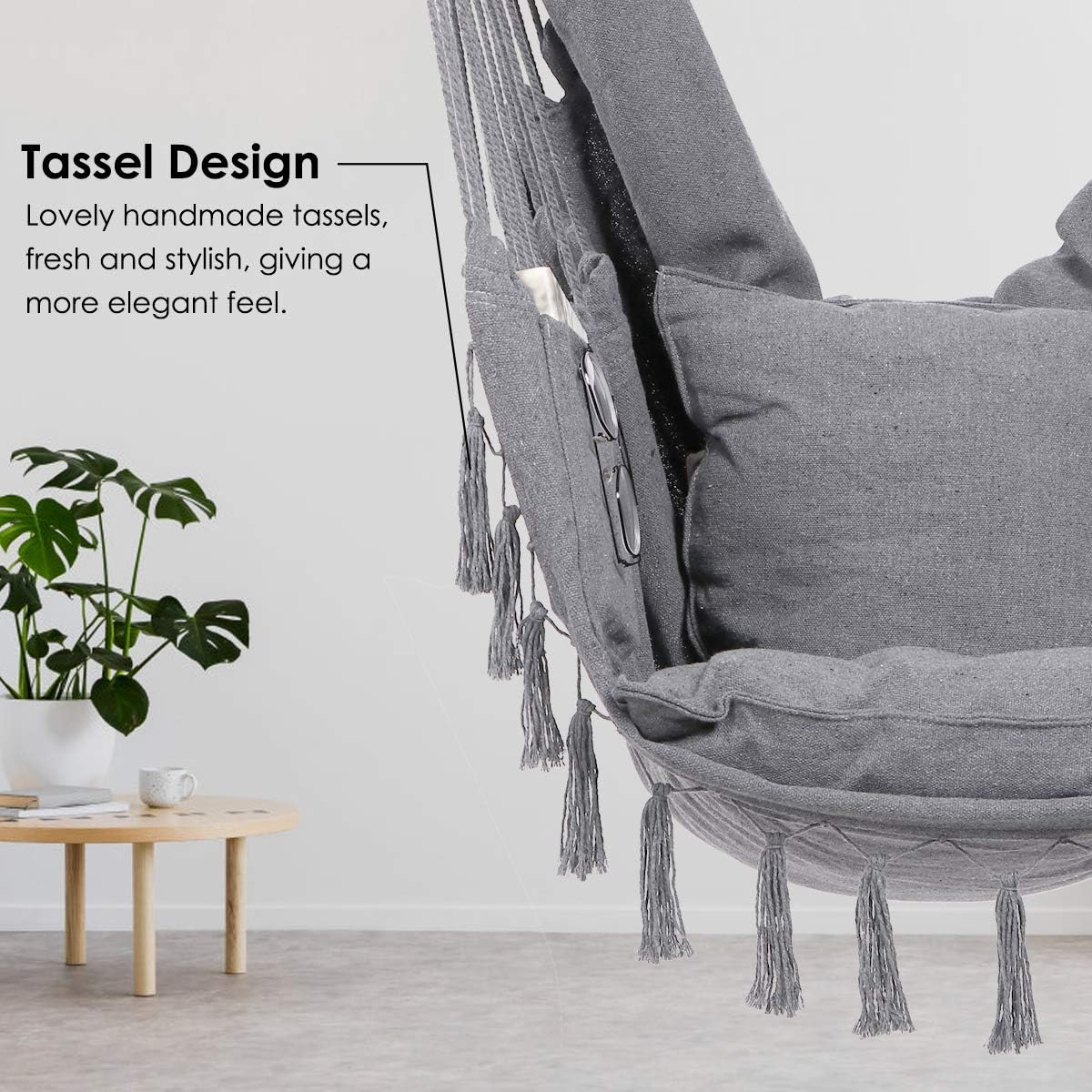 Hammock Chair Hanging Rope Swing, Large Hanging Chair with Pocket and tassels,Cushions for Superior Comfort, with Hardware Kit (Grey)