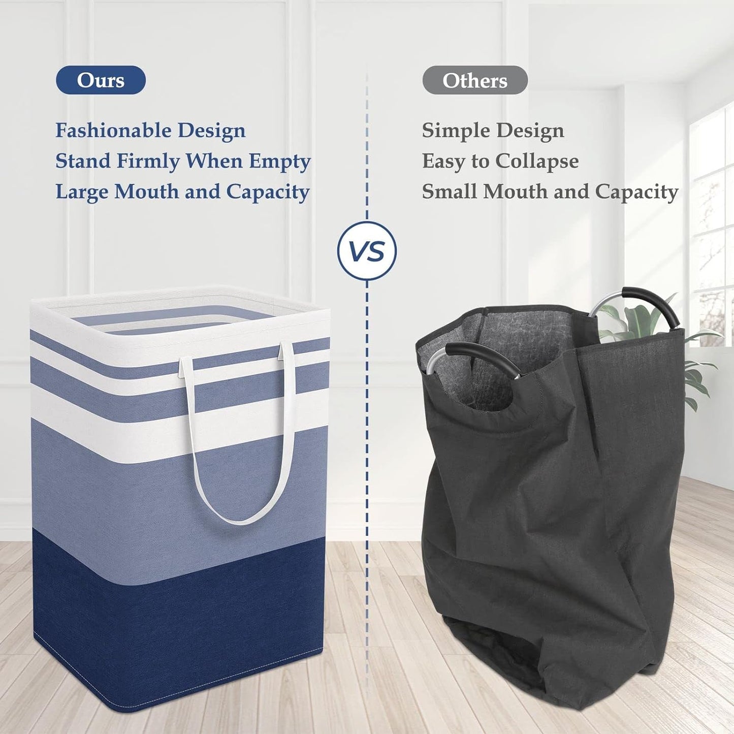 2-Pack Large Laundry Basket, Waterproof, Freestanding Laundry Hamper, Collapsible Tall Clothes Hamper with Extended Handles for Clothes Toys (Blue)