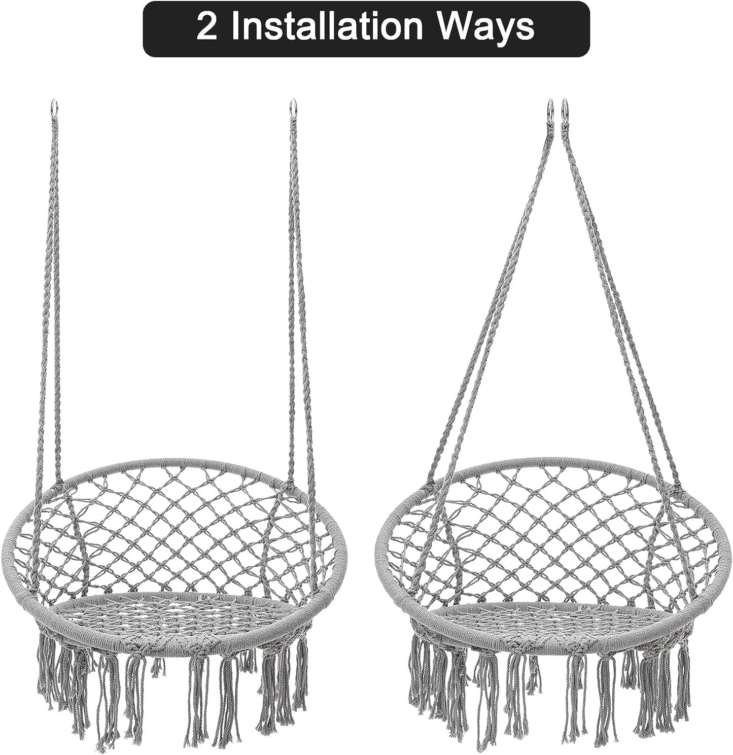 Macrame Hammock Hanging Rocking Chair, Suitable for Bedroom, Outdoor, Children, Adults, Huge Load-bearing Capacity（Light Grey）