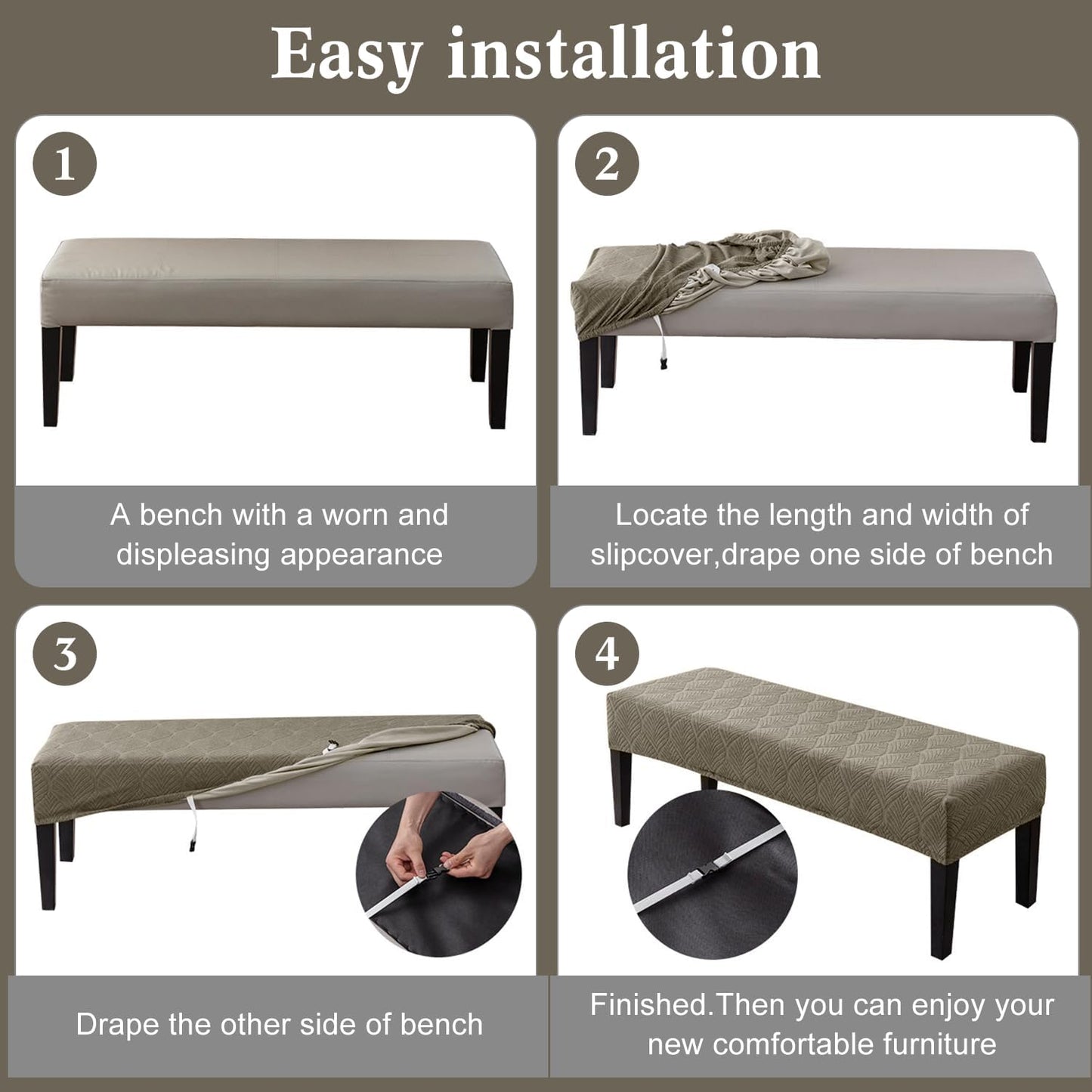 Dining Bench Cover Waterproof, Washable Long Bench Covers Slipcover, Stretch Rectangle Bench Seat Covers for Living Rooms, Bedroom, Kitchen, Piano Bench Cover, Taupe