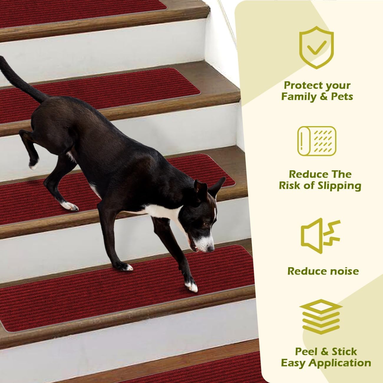 Stair Treads Carpet Non-Slip Indoor Stair Runners for Wooden Steps, Stair Rugs for Kids and Dogs, Set of 15, 8" X 30", Burgundy