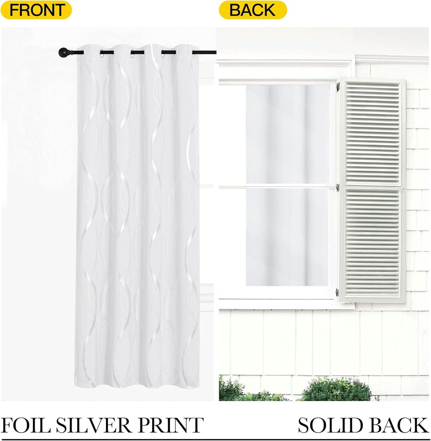 Silver Wave Print Blackout Curtains - Thermal Insulated & Noise‑Reducing Grommet Drapes for Bedroom & Living Room,  2 Panels ,White