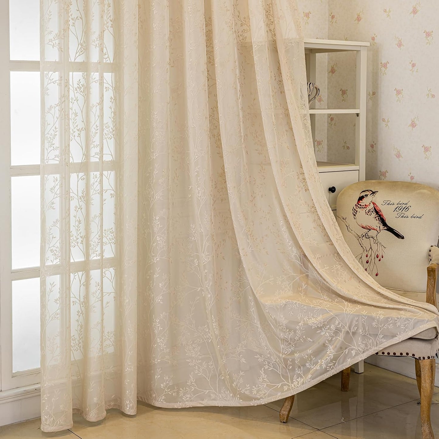 Beige Lace Sheer Curtains, Farmhouse Leaf Jacquard Grommet Window Curtain for Living Room/Bedroom, Voile Sheer Panel Drapes