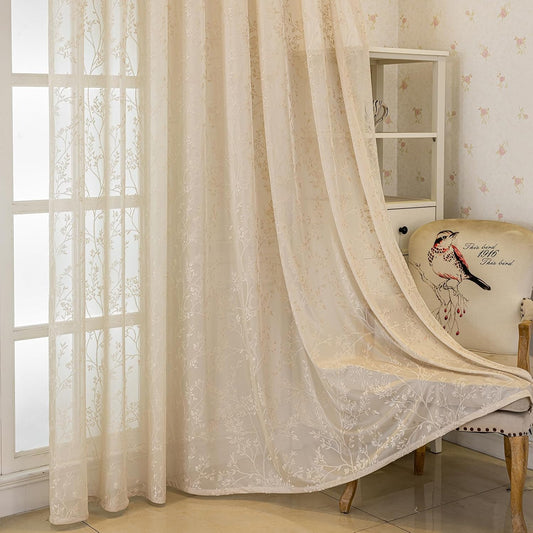 Beige Lace Sheer Curtains, Farmhouse Leaf Jacquard Grommet Window Curtain for Living Room/Bedroom, Voile Sheer Panel Drapes