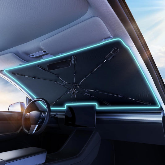 Windshield Sun Shade Umbrella - Protect Car from Sun Rays & Heat Damage Keep Cool and Protect Interior, Spring Structure,Umbrella handle bent,Top opening,Gold