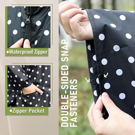 Unisex Rain Poncho Raincoat Hooded with Pockets&ZIpper ,Fashion,Beautiful, Durable, Lightweight,(Black Dot)