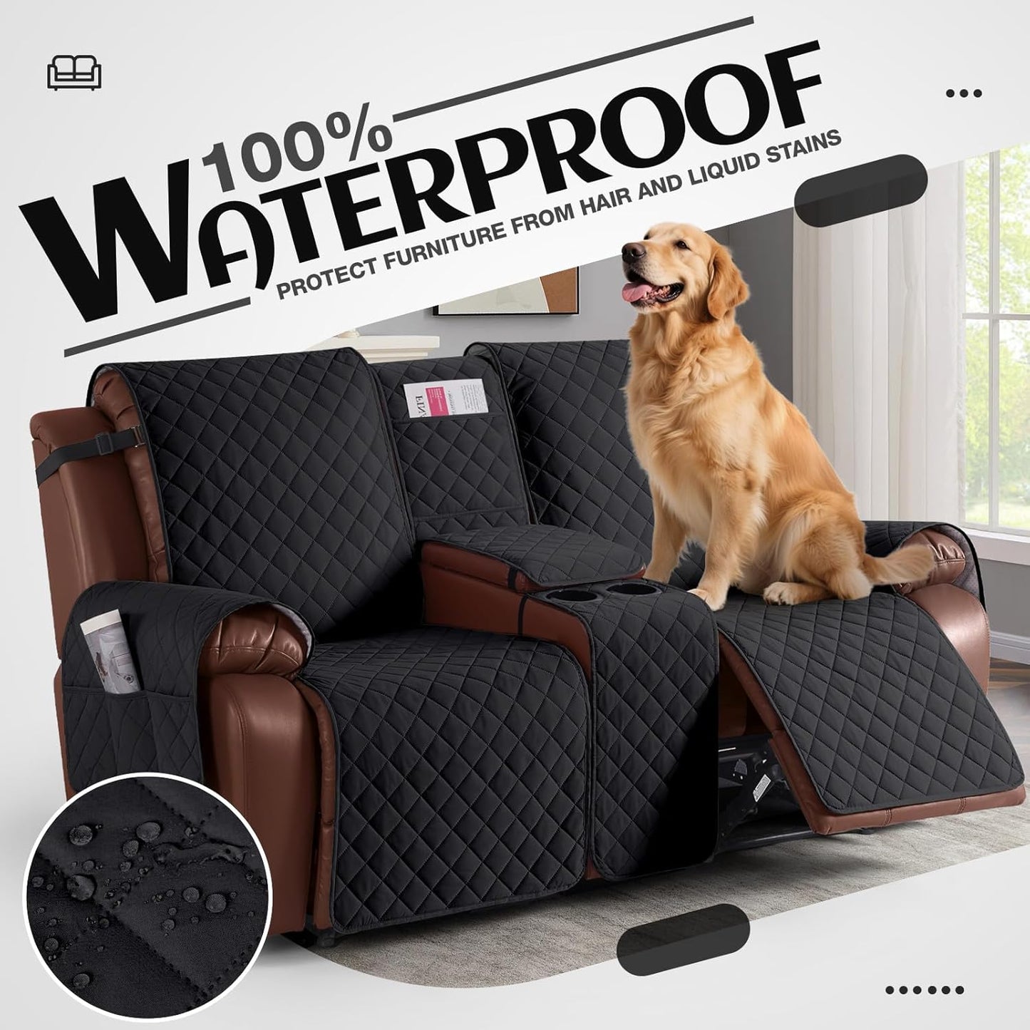 100%Waterproof  with Console, Non-Slip Reclining Couch Covers for 2 Seat, Recliner Sofa Cover Furniture Protector with Elastic Straps for Kids, Pets,Black