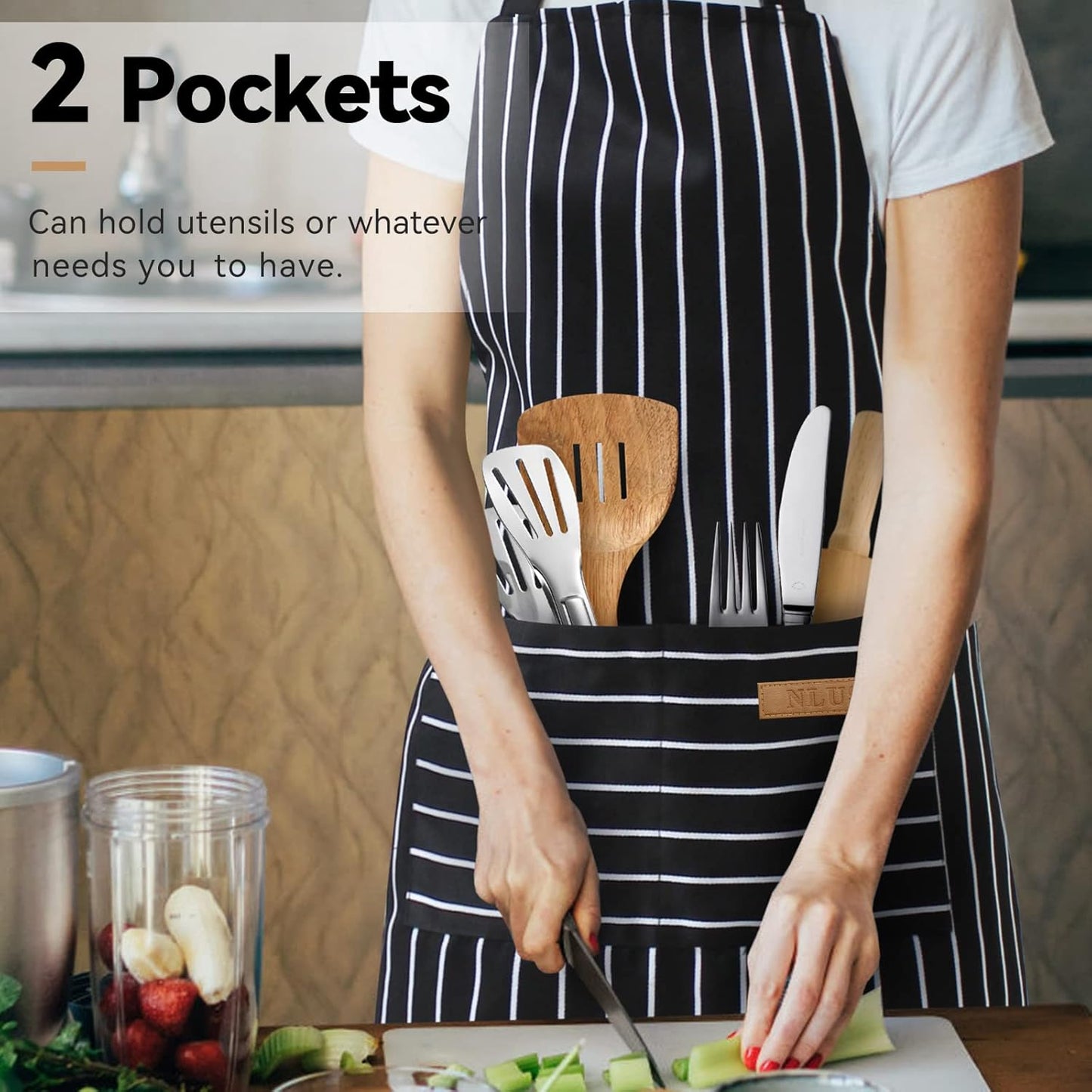 2 Pack Kitchen Cooking Aprons, Adjustable Bib Soft Chef Apron with 2 Pockets for Men Women(Black/Black)