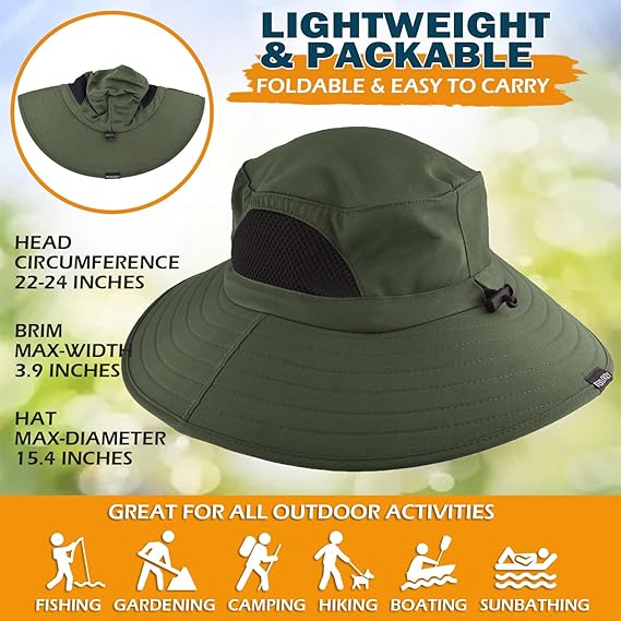 Unisex Sun Hat, Waterproof Wide Brim Bucket Hat Packable Boonie Hat for Fishing Hiking Gardening Safari Beach,Army Green
