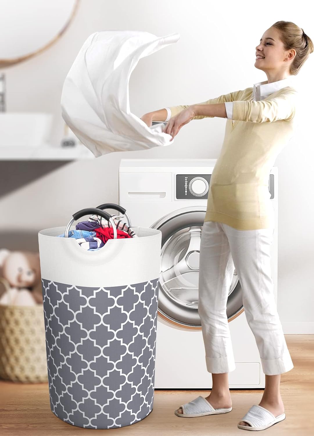 Large Laundry Basket Collapsible Tall With Handles Waterproof Travel Bathroom Essentials Storage For Dorm, Family (Grey),82L