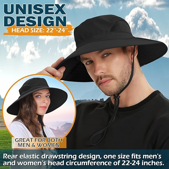 Unisex Sun Hat, Waterproof Wide Brim Bucket Hat Packable Boonie Hat for Fishing Hiking Gardening Safari Beach,Black