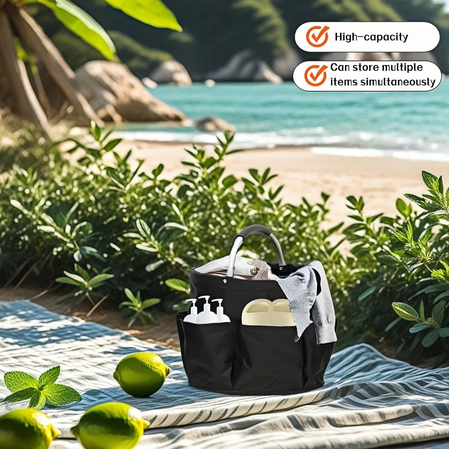 Collapsible Basket with Handles: Portable Picnic, Beach, Garden Harvest,Market Shopping Basket, Home Storage, Bathroom Organizer,Black
