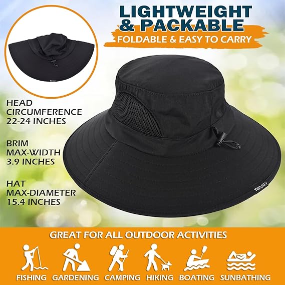 Unisex Sun Hat, Waterproof Wide Brim Bucket Hat Packable Boonie Hat for Fishing Hiking Gardening Safari Beach,Black