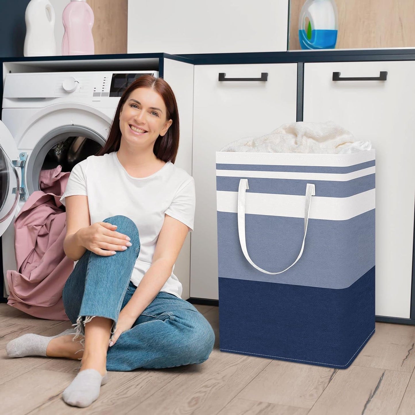 2-Pack Large Laundry Basket, Waterproof, Freestanding Laundry Hamper, Collapsible Tall Clothes Hamper with Extended Handles for Clothes Toys (Blue)