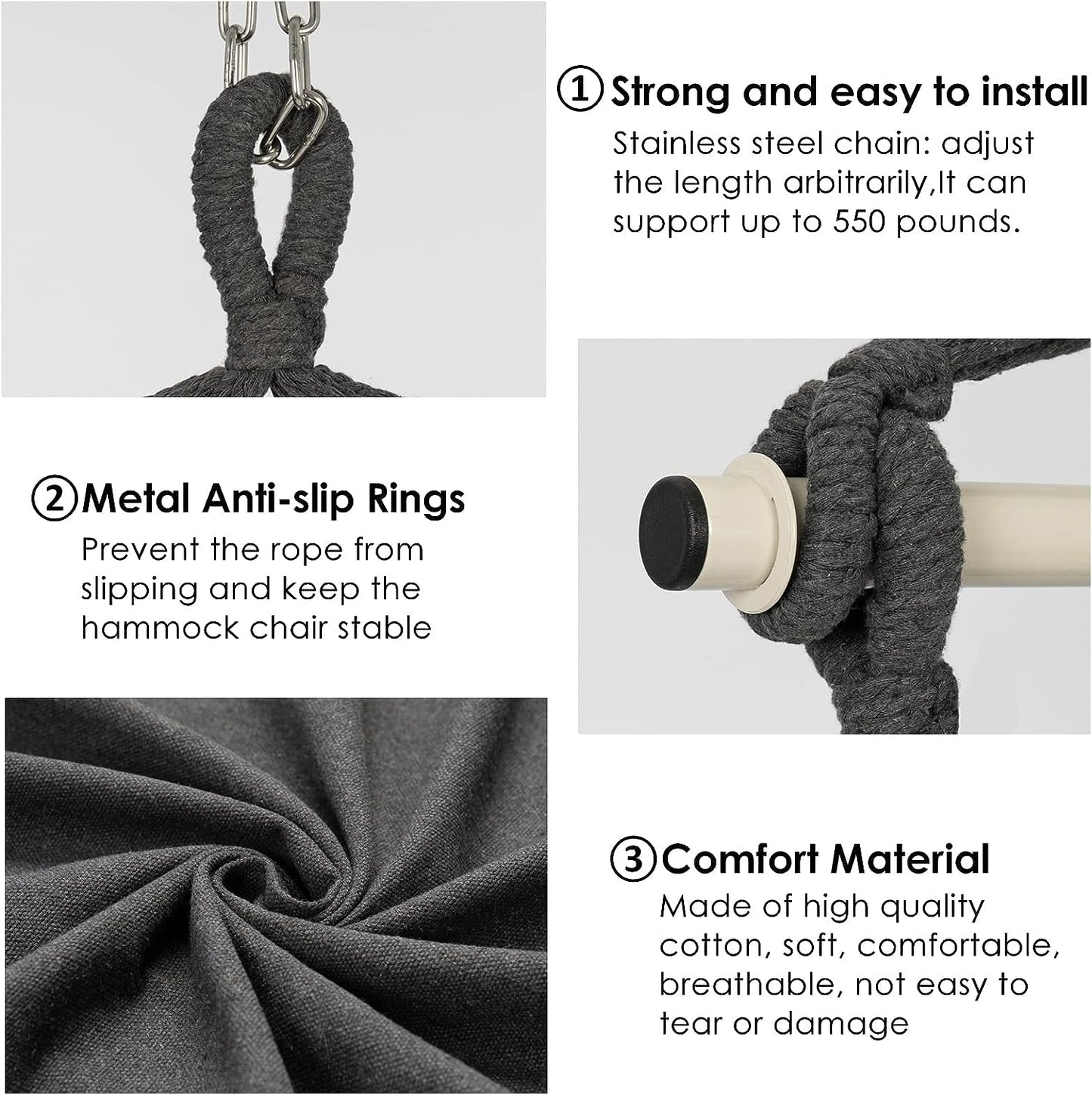 Hammock Chair Hanging Rope Swing, Large Hanging Chair with Pocket and tassels,Cushions for Superior Comfort, with Hardware Kit (Dark Grey)