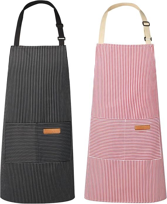 2 Pack Kitchen Cooking Aprons, Adjustable Bib Soft Chef Apron with 2 Pockets for Men Women(Black/Pink)