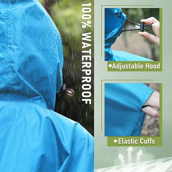 Unisex Rain Poncho Raincoat Hooded with Pockets&ZIpper ,Fashion,Beautiful, Durable, Lightweight,(Skyblue)