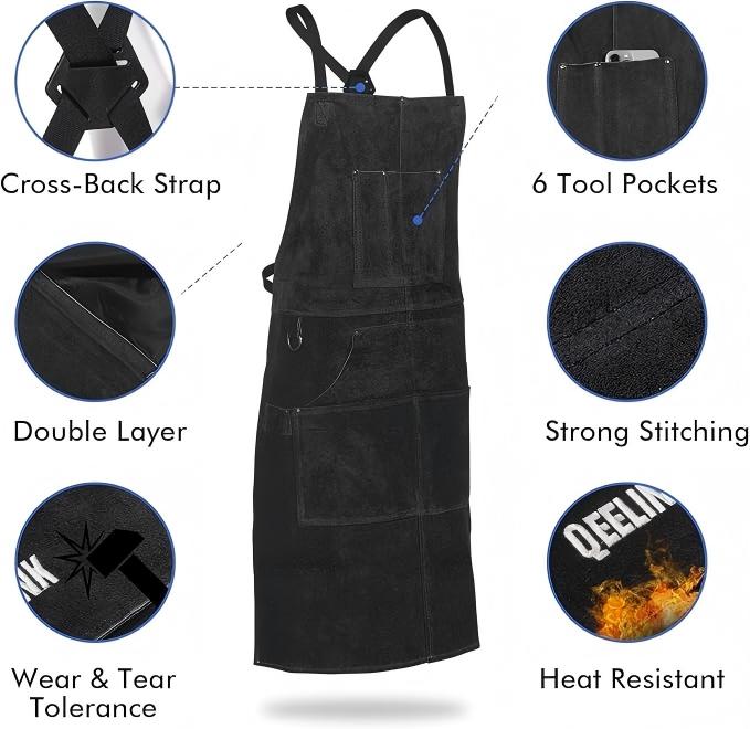 Leather Welding Work Apron with 6 Tool Pockets, Heat & Flame Resistant Welder Aprons, 24" x 36", Adjustable M to XXXL,Black