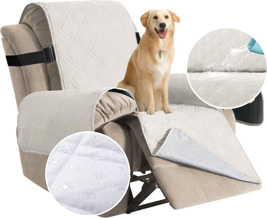 100% Waterproof ,Non-Slip Reclining Cover for Recliner Chair Washable Chair Cover Furniture Protector with Elastic Straps for pet ,kid ,Off White