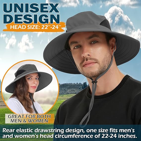 Unisex Sun Hat, Waterproof Wide Brim Bucket Hat Packable Boonie Hat for Fishing Hiking Gardening Safari Beach,Dark Grey