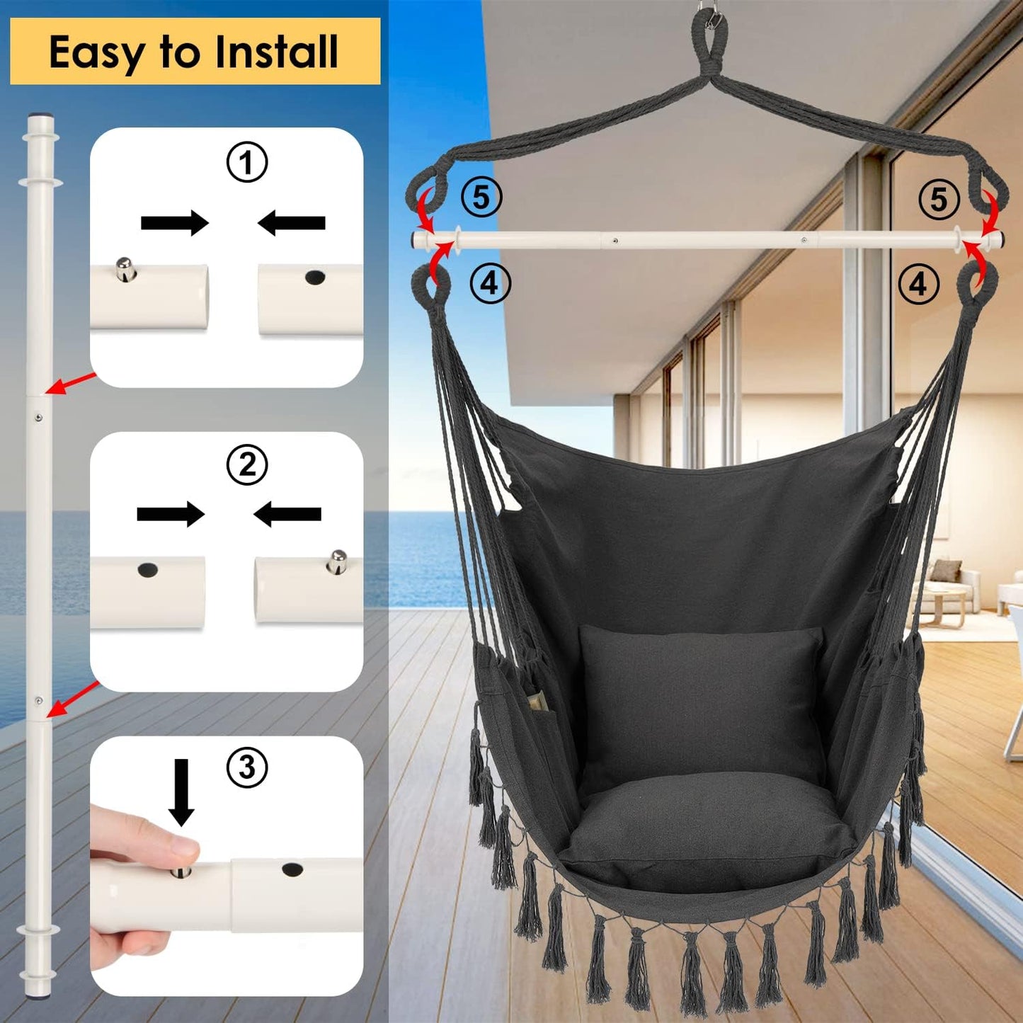 Hammock Chair Hanging Rope Swing, Large Hanging Chair with Pocket and tassels,Cushions for Superior Comfort, with Hardware Kit (Dark Grey)