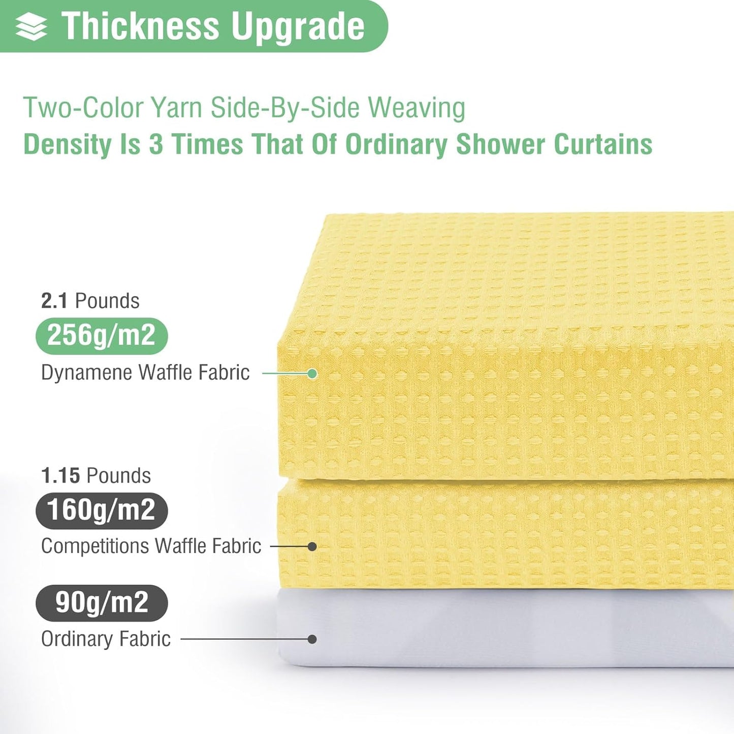 Fabric Shower Curtain - Waffle Weave Weighted Thick Cloth Shower Curtains for Bathroom, Hotel Spa Luxury Bath Curtain Set with 10 Hooks,Yellow