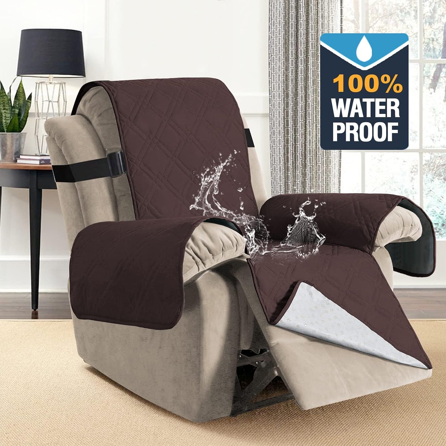 100% Waterproof ,Non-Slip Reclining Cover for Recliner Chair Washable Chair Cover Furniture Protector with Elastic Straps for pet ,kid ,Brown