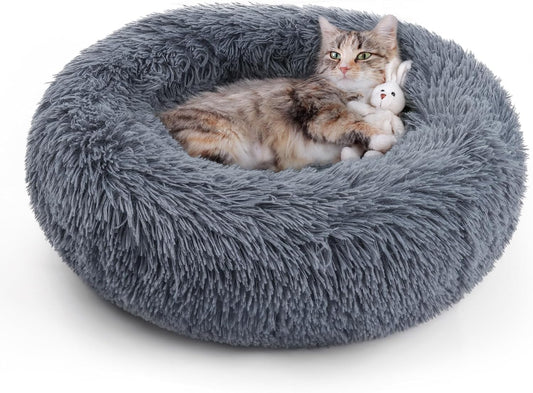 Anti Anxiety Round Fluffy Plush Faux Fur Warm Washable Dog Bed & Cat Bed, Original Bed for Small Medium Large Pets,Dark Grey