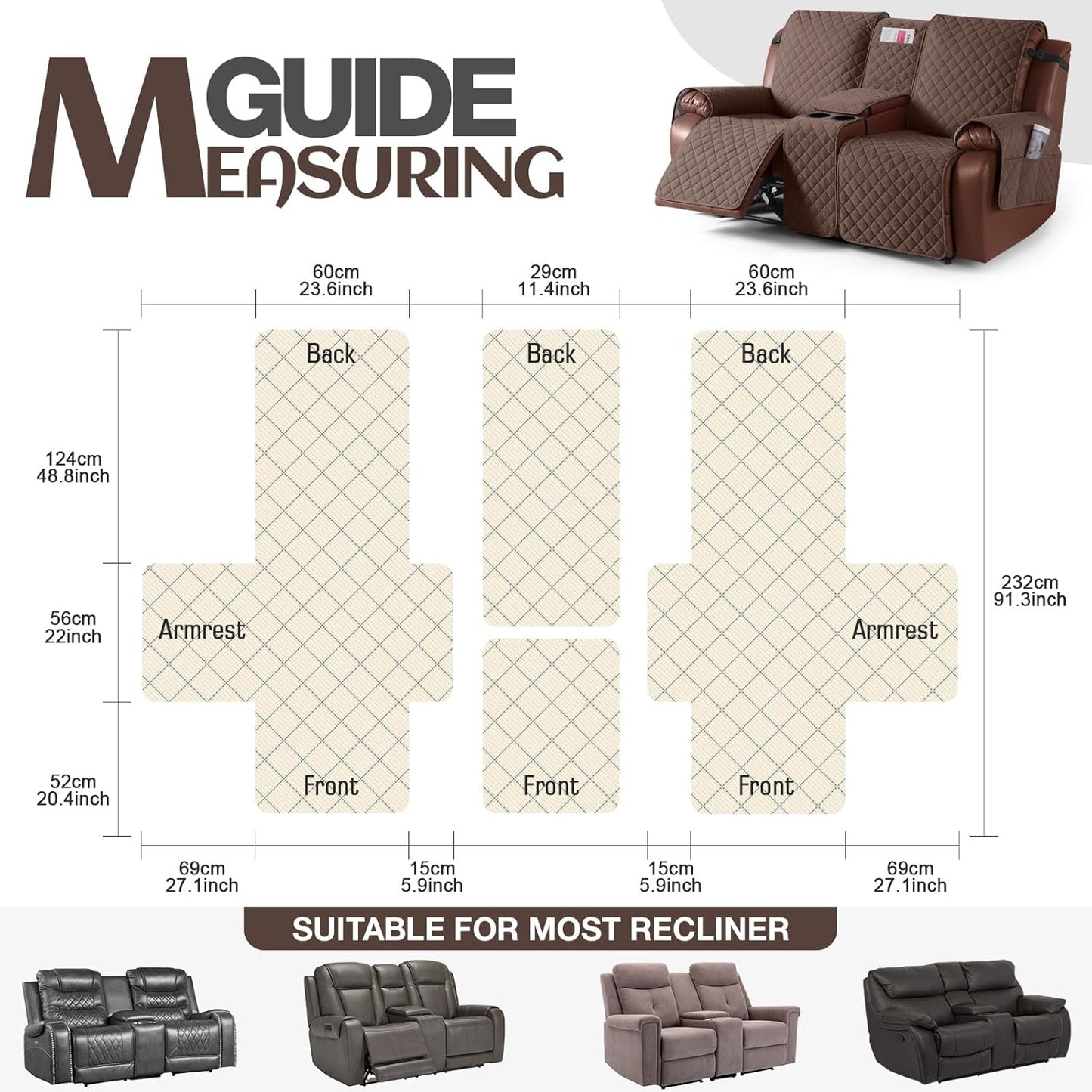 100%Waterproof  with Console, Non-Slip Reclining Couch Covers for 2 Seat, Recliner Sofa Cover Furniture Protector with Elastic Straps for Kids, Pets,Coffee