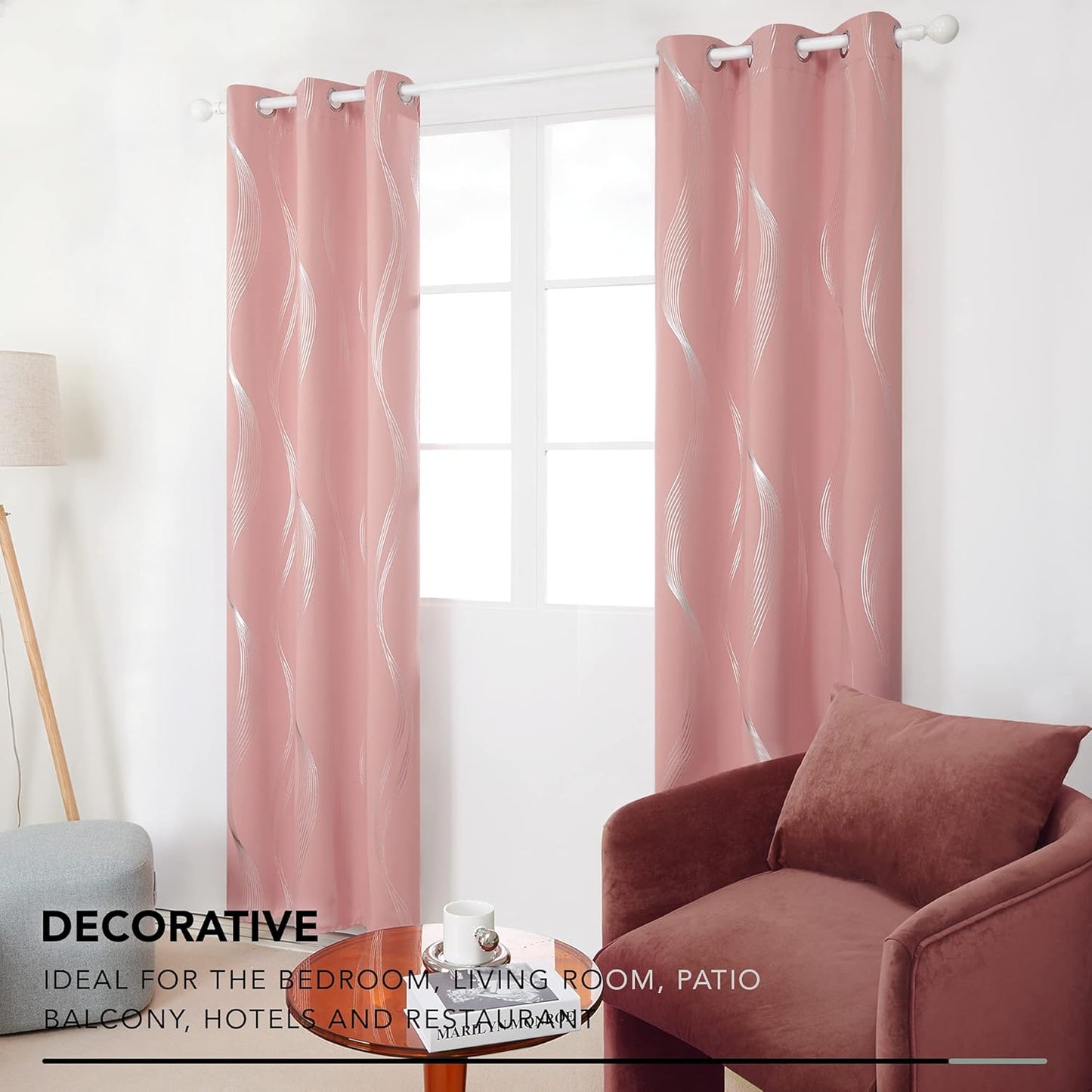 Silver Wave Print Blackout Curtains - Thermal Insulated & Noise‑Reducing Grommet Drapes for Bedroom & Living Room,  2 Panels ,Pink