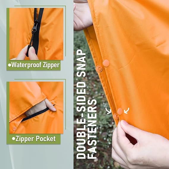 Unisex Rain Poncho Raincoat Hooded with Pockets&ZIpper ,Fashion,Beautiful, Durable, Lightweight,(Orange)
