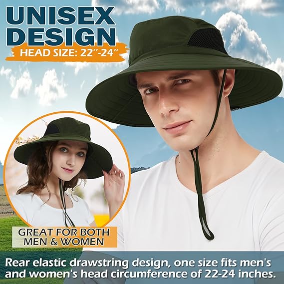Unisex Sun Hat, Waterproof Wide Brim Bucket Hat Packable Boonie Hat for Fishing Hiking Gardening Safari Beach,Army Green