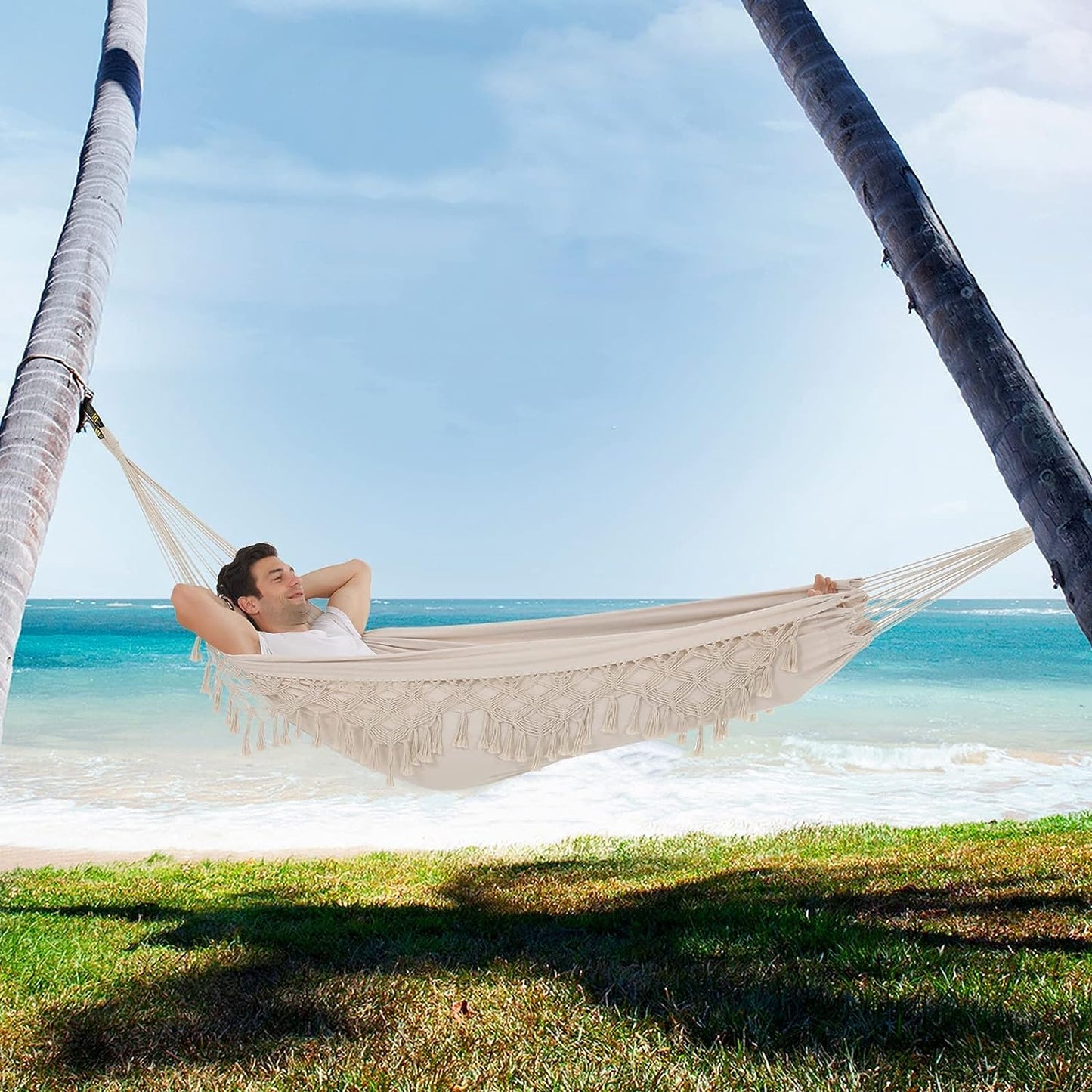 Hammock Hanging Swing Double Max 500lbs Macrame for Indoor Outdoor Patio Yard Garden (Beige)