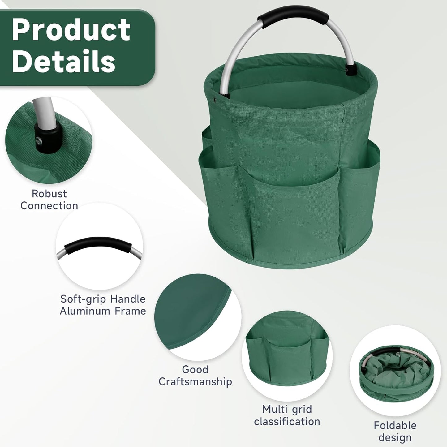 Collapsible Basket with Handles: Portable Picnic, Beach, Garden Harvest,Market Shopping Basket, Home Storage, Bathroom Organizer,Green